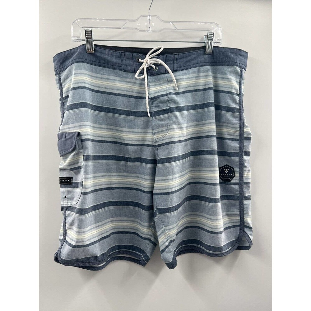 Vissla Men’s Board Shorts Hook & Loop Closure Blue Stripe Pockets Size 38 EUC